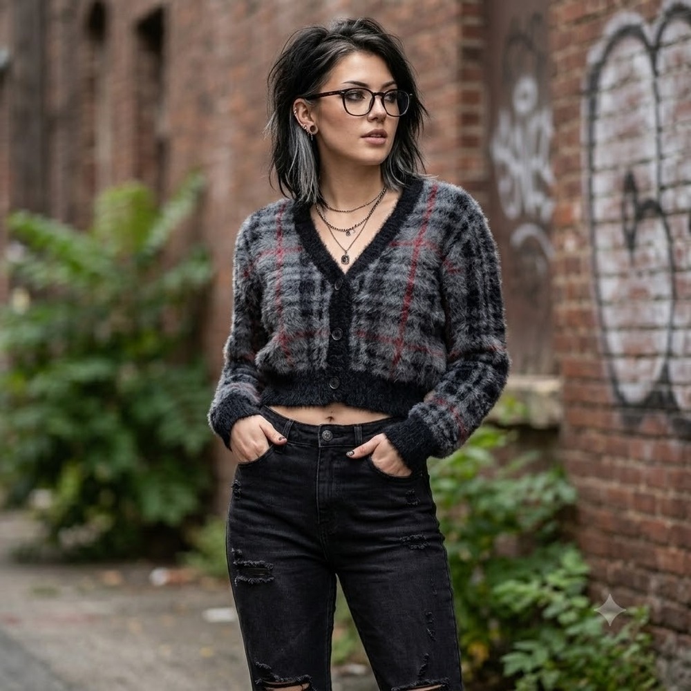Hot Topic Cardigan Women M Grey Plaid Fuzzy Eyelash Cropped Grunge Mall Goth Y2K